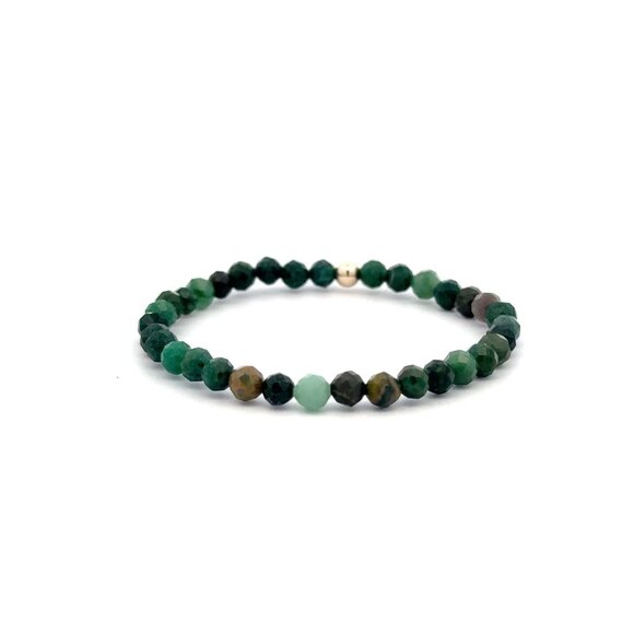 Emerald Micro Faceted Gemstone Beaded Stretch Bracelet with 14K Gold Accent Bead - Picture 4 of 6